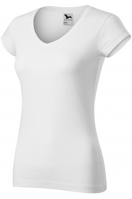 Дамска приталена тениска с V-образно деколте, Бял, тениски с къс ръкав