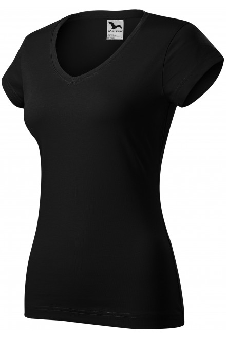 Дамска приталена тениска с V-образно деколте, черен, черни тениски