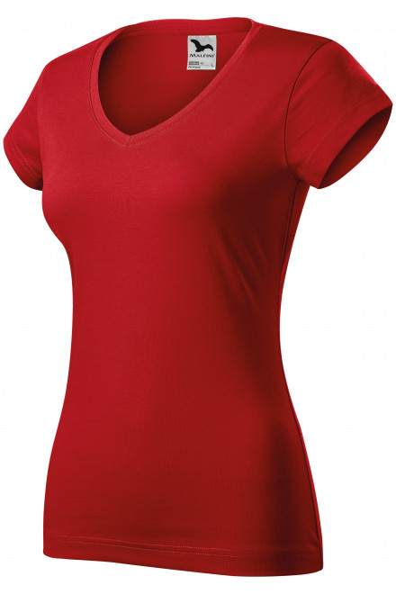 Дамска приталена тениска с V-образно деколте, червен, червени тениски