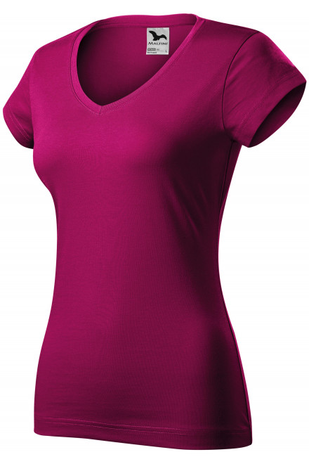 Дамска приталена тениска с V-образно деколте, фуксия червено, дамски тениски