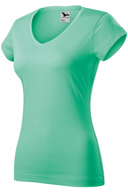 Дамска приталена тениска с V-образно деколте, мента, зелени тениски