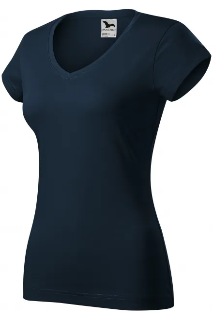 Дамска приталена тениска с V-образно деколте, тъмно синьо