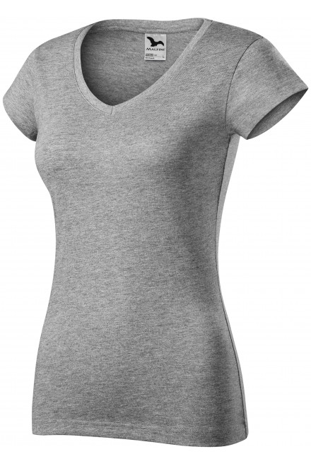 Дамска приталена тениска с V-образно деколте, тъмно сив мрамор, дамски тениски