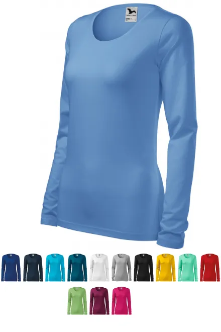 Дамска прилепнала тениска с дълъг ръкав, небесно синьо