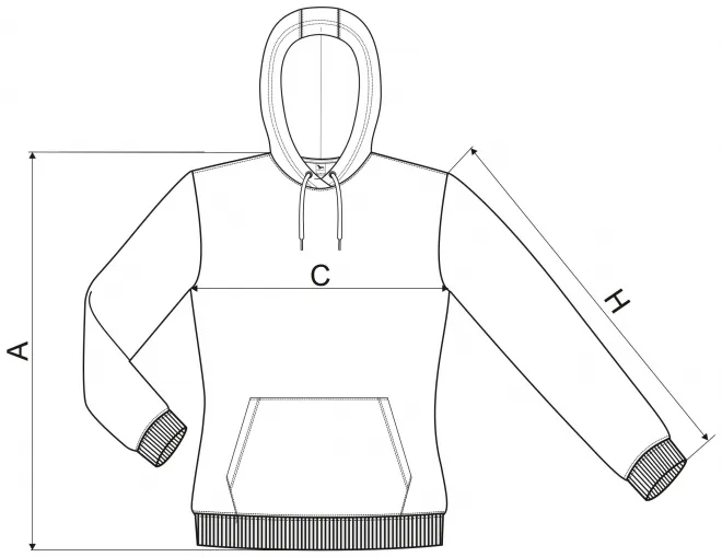 Дамски суичър с качулка без цип - таблица с размери