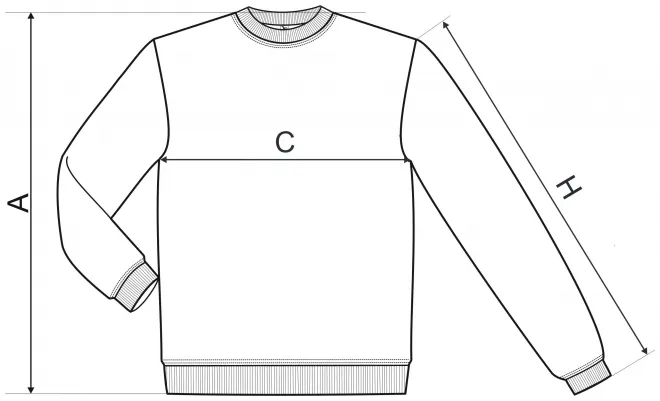Мъжки / детски суичър над главата, без качулка - таблица с размери
